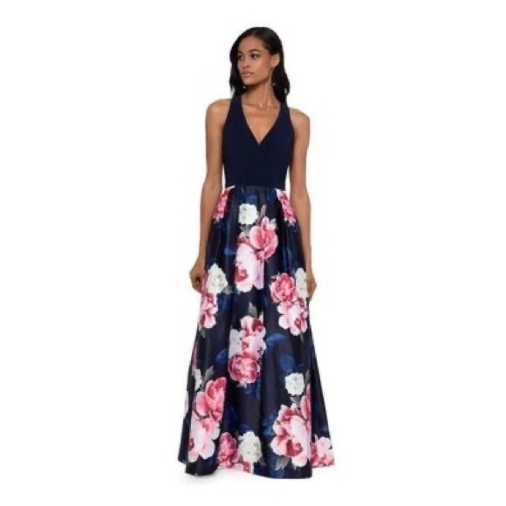 XSCAPE Womens Navy Zippered Gown V Neck Formal Fit + Flare Dress Petites 2P